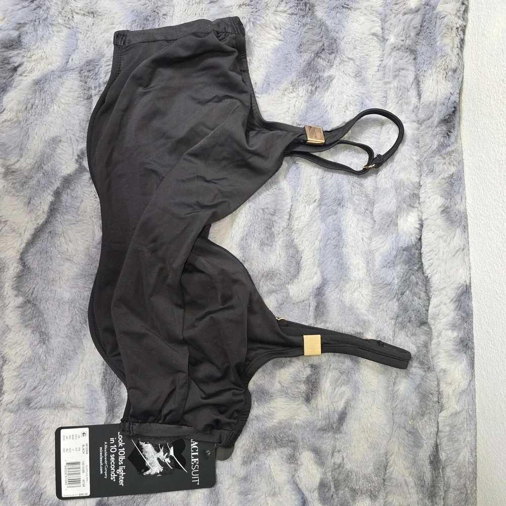 NWT Miraclesuit Women Black Surplice Underwire Bikini Top Gold Hardware‎ 38DD